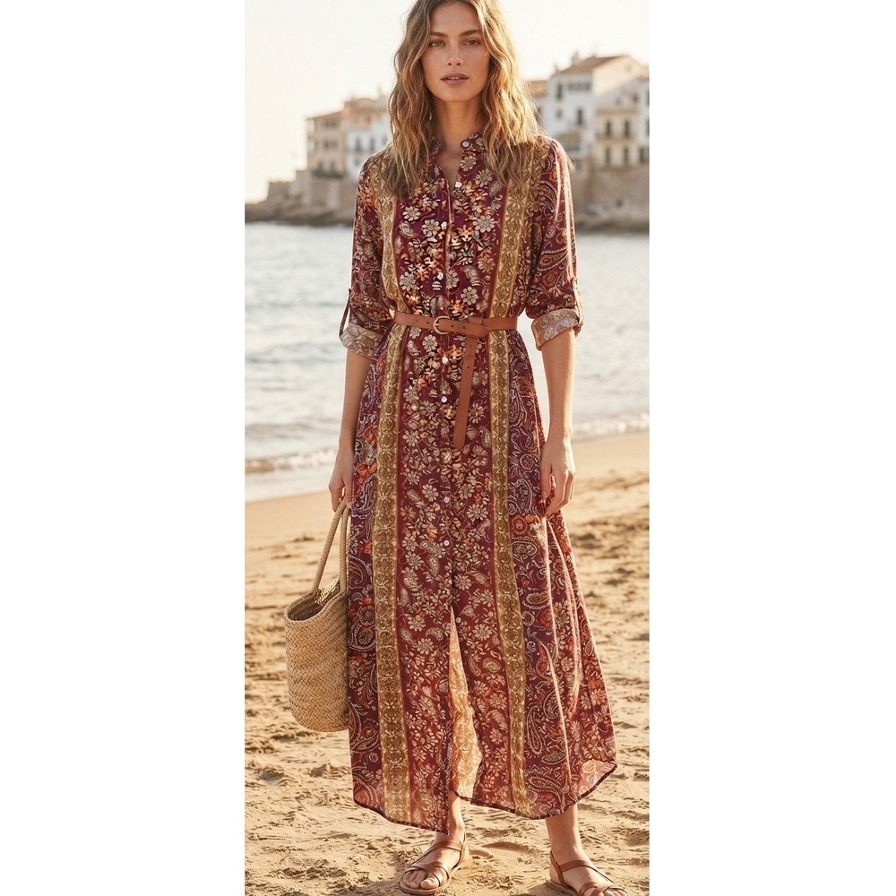 2uves Maxi Shirt Dress Burgundy Floral Boho Made in Italy Vacation Beach OS